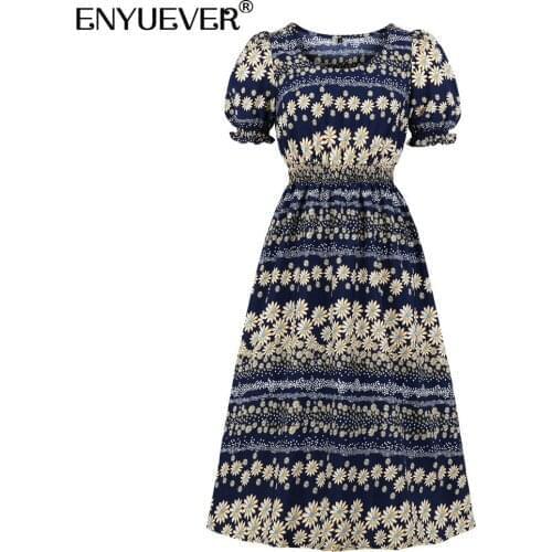Enyuever Flora Print Women Summer Dress Casual Clothes Short Sleeve Puff Sleeve Elastic High Waist Robe Retro Vintage Dresses