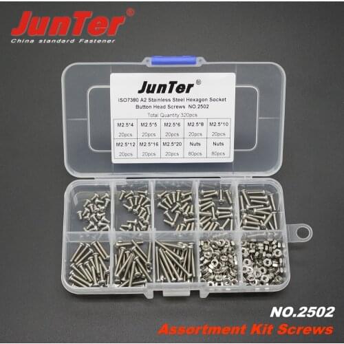 320pcs M2.5 (2.5mm) A2 Stainless Steel ISO7380 Button Head Allen Bolts Hexagon Socket Screws With Nuts Assortment Kit NO.2502