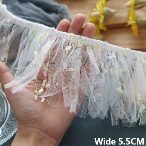 5.5CM Wide White Pink Mesh Fabric Tassel Embroidered Lace Trim Fringe Ribbon Skirts Dresses Curtains Handmade DIY Crafts Decor