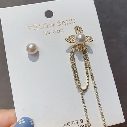 Asymmetric Pearl Flower Earrings Long Chain Tassel Drop Earrings Women Gold Color Alloy Female Dangle Earring Fashion Jewelry