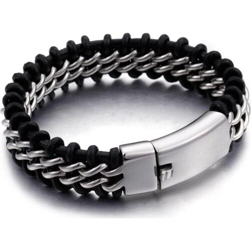 Gold Color Stainless Steel Leather Bracelet Men 18MM Wide Mens Leather Bracelets Jewelry Wristband Dropshipping Gift