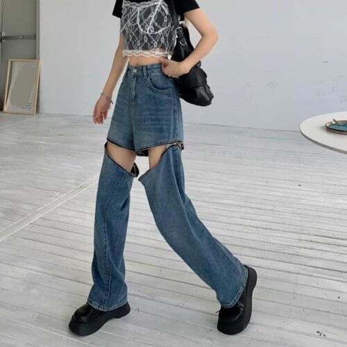 Shnsophi High Waisted Blue Jeans Boyfriend Women Summer Thin Two Wear Zipper Pants Femme 2021 New Ins Straight Denim Pants