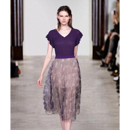 2020 New Summer Womens Two Piece Set Ruffles Sleeve Purple Knitting T-shirt Tops + Elastic Waist Mesh Skirt Set Ladies Skirt Su