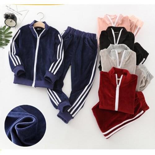 Boys Golden Velvet Clothing Suit 2 Pcs Set Spring Fall New Childrens Sportswear Clothes For Girls Strped Spliced Tracksuit B302