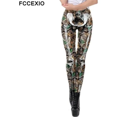 FCCEXIO Leaves Skeleton 3D Print Women Pants Push Up Run Sports Leggings Slim Pants Female Casual Trousers Fitness Skull Legging