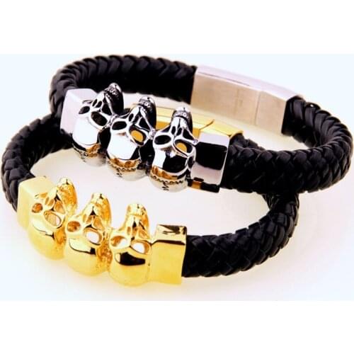 11mm Hip-hop Stainless Steel Silver Color Golden Skeleton Skull Biker Jewelry Black Braided Leather Wristband Men Bracelet 8.86"