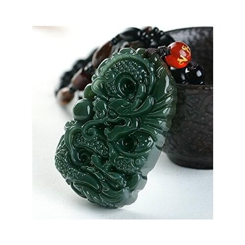 Pure natural hand carved qing jade dragon necklace pendant Size:50MM *31MM