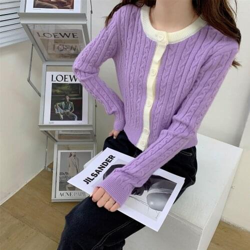 Autumn all-matchsweet knittedcardigan short round neck color-block sweaterwomens coat wool sweater long-sleeved single-breasted