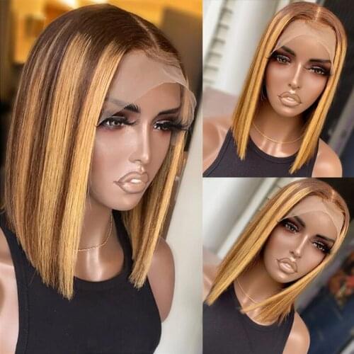 Highlight Wig Human Hair 13x4 Lace Front Wig For Women Short Bob Straight Closure Wig Brazilian Pre Plucked T Part Lace Wig 180