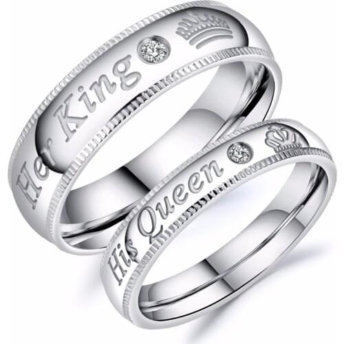 Valentines day gift Crystal Couple Ring her King his Queen lettering Ring wedding round rings Silver Color Jewelry women & men