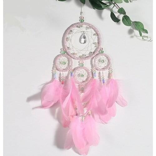 Pink Five Ring Crystal Dream Catcher Wall Hanging Home Decorations Feather Living Room Pendant Hand-Made Wedding Girl Heart Gift