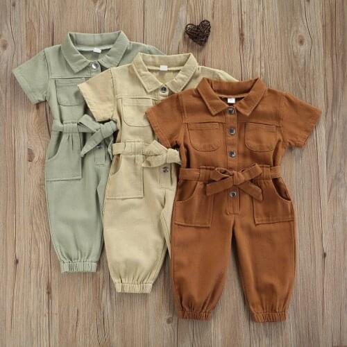 Toddlers Girl’s Casual Long Sleeve Jumpsuit Fashion Solid Color Lapel Pocket Single-breasted Long Pants Jumpsuits With Belt