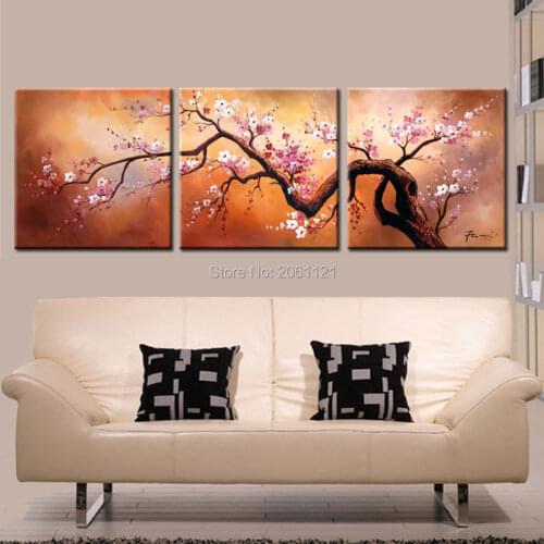 Hand painted 3 Panels Plum Tree Blossom Modern Giclee Canvas Flowers Abstract Floral Paintings on Canvas Wall art chinese Decor