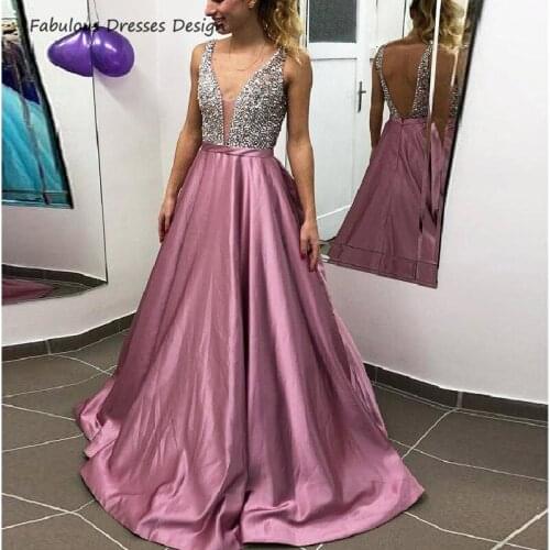 Sexy V Neck Backless Prom Dresses 2020 Beaded A Line Long Evening Dress Party For Women Gorgeous Vestido De Fiesta