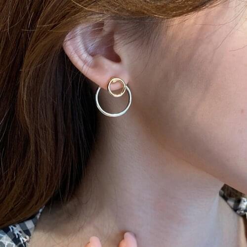 Besimpol Unique Design Real 925 Sterling Silver Stud Earrings Combined Double Color Circles Earrings For Women Fine Jewelry Gift