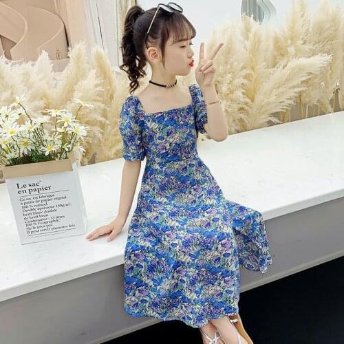 Blue Flower Girls Dress Summer Kids Puff Sleeve Dresses Baby Girls Princess Dress Party Clothes Birthday Dresses 4 7 9 11 12 Y
