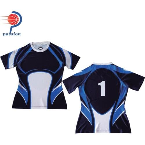Navy Royal Blue White Crew Neck Slim Fix Rugby Shirts with Sublimated Logos