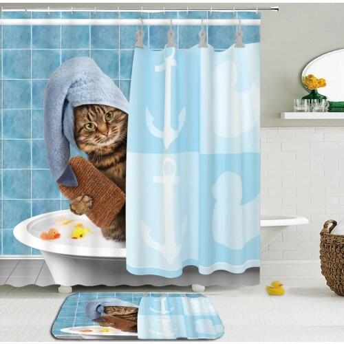 Cartoon Funny Cat Lovely Animal Shower Curtains Set Mat Bathroom Waterproof Cute Bath Curtain With Rectangle Non-slip Floor Mat
