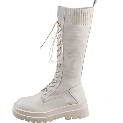 Women Shoes Casual Platform Woman Boots Lace Up Women Ankle Boots Round Toe thick soles Knitted socks boots Womens long boots