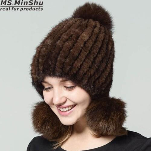 Ms.MinShu Genuine Mink Fur Hat Women Winter Fur Hat with 3 Balls Real Fur Cap Fashion Ladys Bobble Beanies Fox Fur Balls