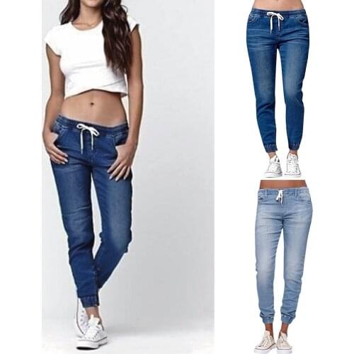 Women Jeans Autumn High Waist Drawstring Lace Up Casual Loose Ankle Length Fashion Femme Pencil Pants Plus Size