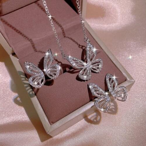 925 Silver Womens Jewelry Set Butterfly Shape Jewelry AAAA Shiny Zircon Necklace Ring Earrings Womens Bridal Jewelry