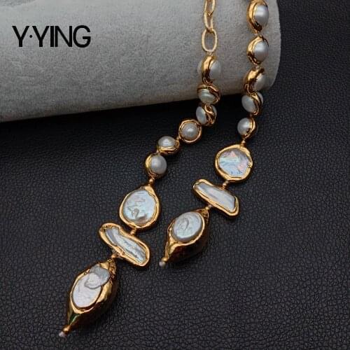 Bezel set White Keshi Pearl Chain Long Necklace For Women 52