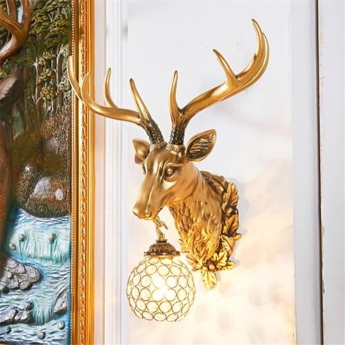American Retro Resin Wall Lamp Living Room Decor Deer Head Lamp Home Bedroom Bedside Lamp Personality Creative Sconce Wall Light