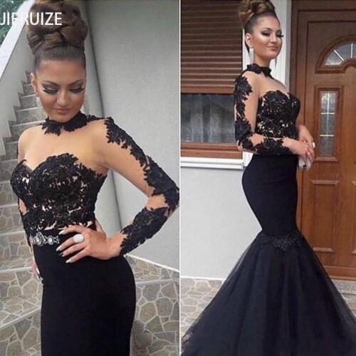 JIERUIZE Black Mermaid Evening Dresses Long High Neck Long Sleeves Cheap Prom Party Dresses
