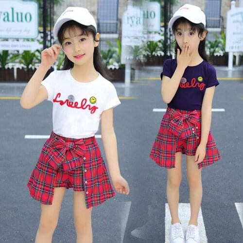 Girls Summer Set 2020 Short Sleeve Trendy Clothing Suit Female Kids Tees + Plaid Shorts 2 Pcs Children Clothes Shorts 2 Pcs X26