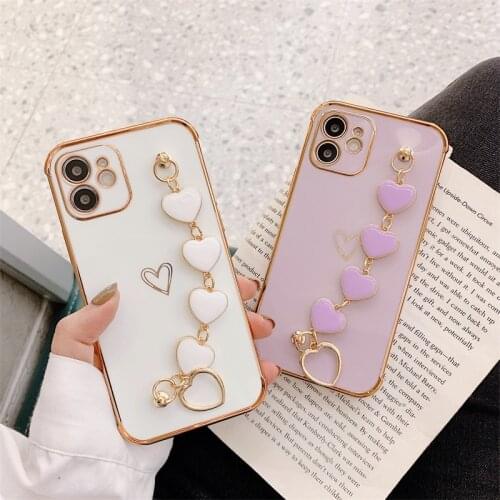 Fashion Electroplated Phone Case For iPhone 11 Pro Max 12mini XS XR 7 8 Plus SE Love heart chain Wrist Bracelet soft back Cover