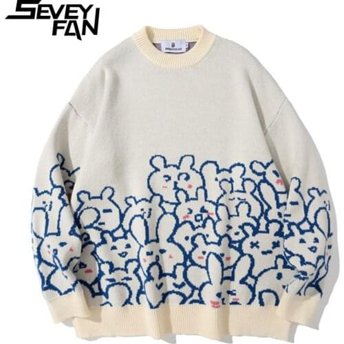 SEVEYFAN Mens Fashion Cartoon Rabbit Sweater BF Loose O Neck Knitwear New Pullover Sweaters for Couples