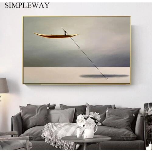 Sea Golden Boat Abstract Canvas Painting Nordic Vintage Poster Print Modern Artwork Wall Art Decoration Picture Living Roo Decor