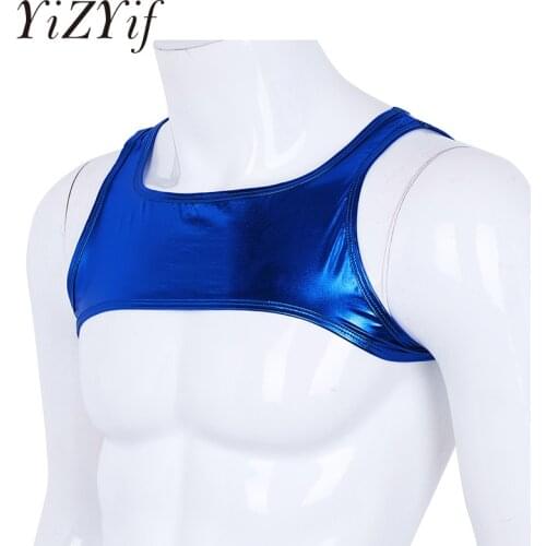 Mens Shiny Metallic Tank Tops Sexy Sleeveless Shoulder Chest Strap Harness Muscle Clubwear Costume Half Tank Top Sexy Harness