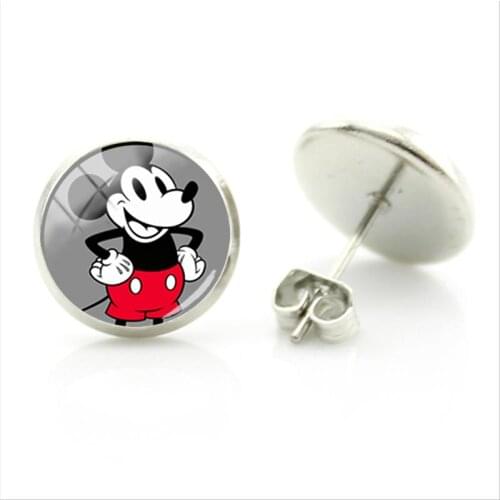 Disney 2021 New Mickey Mouse Art Pendant Earrings Handicraft Retro Earrings Round Glass Cabochon Jewelry