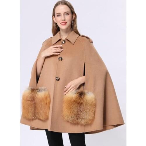 New Style Loose Wool Cape Silver Fox Fur Coat Medium Long Tops Women Cloak Winter Solid Color Shawl