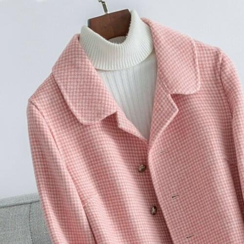 Pink Plaid Double-sided Cashmere Coat Womens A-line Version Over the Knee New Medium and Long Thousand Bird Plaid Wool Coat