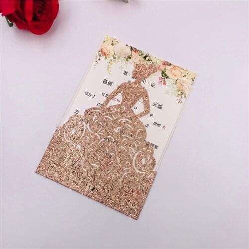 1pcs free shipping Laser Cut Girl Gold Red glitter wedding invitation cards for sweet 15 sweet 16 bridal shower birthday mis Qui