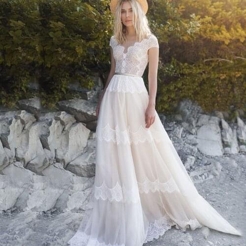 Illusion Back O-neck Applique Lace Wedding Dress Cap Sleeves Satin Sashes Sweep Train A-line Bridal Gowns For Bride
