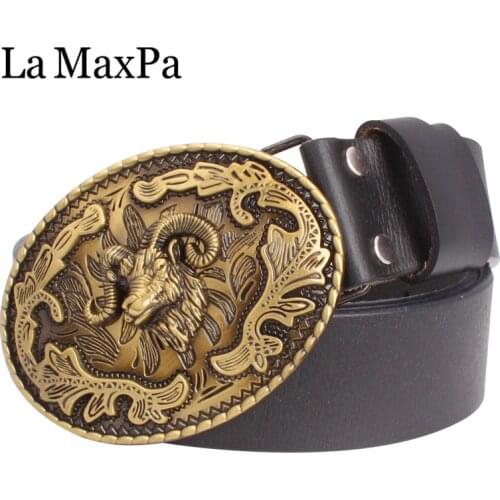 Men jeans belt genuine leather ram head buckle copper goat flowers 5 colors belt for women men gift
