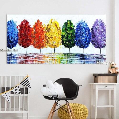 Handpainted Wall Art Canvas Oil Painting Rainbow Tree Wall Pictures landscape oil painting For Living Room Home Decor No Frame