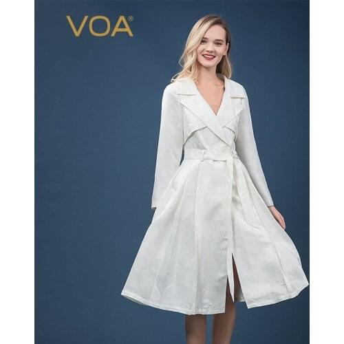 VOA White 38m/m Silk Heavy Jacquard Double Lapel Collar Sheet Pleated Strap Waist Hugging Loose Draping Windbreaker F565