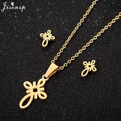 Jisensp Delicate knot Stainless Steel Jewelry Sets Fashion Jewelry for Women Geometric Rhombus Pendant Necklace Earrings bijoux