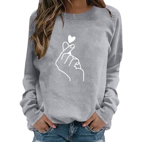 Women Sweatshirt Casual Finger To Heart Love Pattern Sweatshirts Fashion Hoodie Long Sleeve Female Pullovers Streetwear#f3
