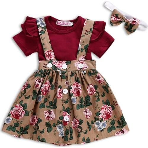 2019 Brand 3PCS Newborn Baby Girl Short Fly Sleeve Romper+Floral Belt Dress Skirt Outfit Size 0-24M
