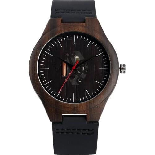 Fashion Wooden Watches Natural Ebony Wood Hollow Quartz Watch for Men Leather Band Handmade Male Wristwatches relogio masculino