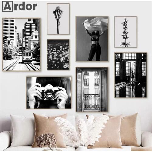 Black And White Plant Flower Prints Camera Woman Poster Window Vintage Wall Art Painting Nordic Wall Pictures Living Room Decor
