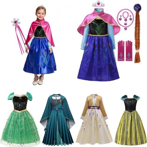 Girls Anna Dress Kids Costume with Cloak Children Cosplay Princess Clothes Carnival Halloween Birthday Party Fancy Dress up