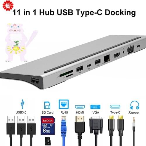 Docking Station 11 in 1 Type-C HUB Adapter Laptop to USB-C USB3.0 HDMI network port VGA Audio PD Converter for PC Notebook