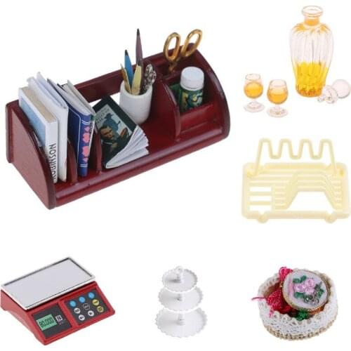 Dollhouse Bookshelf Dish Shelves Fruit Desserts Snack Rack Stand Cola Food Scene Model Sewing Scissors Thread Furniture Toy